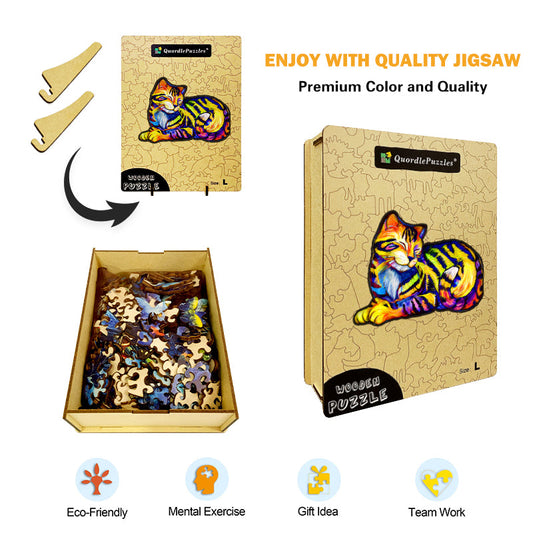 Rainbow Dreaming Cat Wooden Jigsaw Puzzle