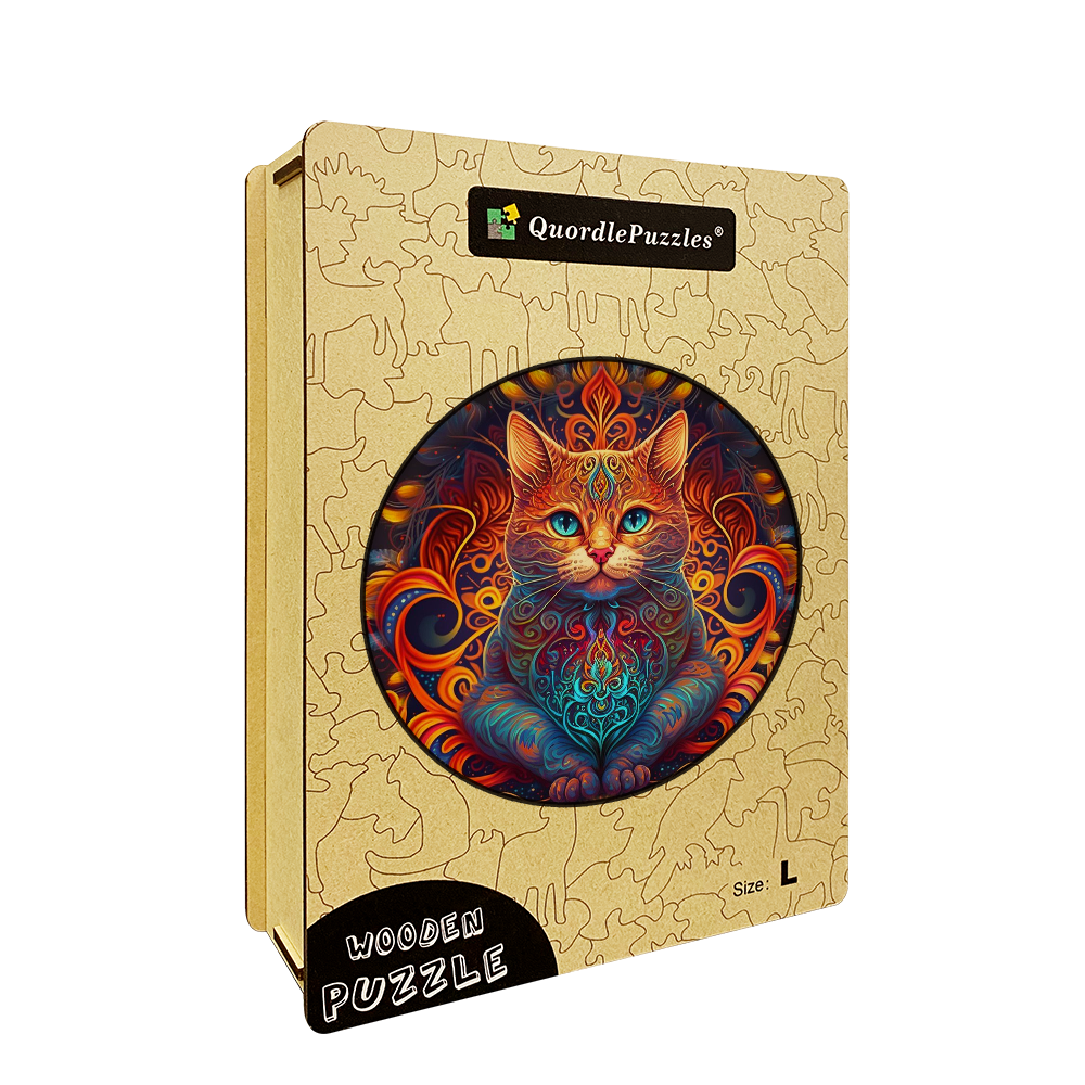 Mandala cat - lord of fire Wooden Jigsaw Puzzle