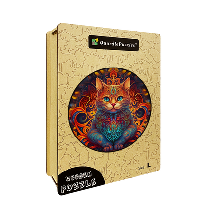 Mandala cat - lord of fire Wooden Jigsaw Puzzle