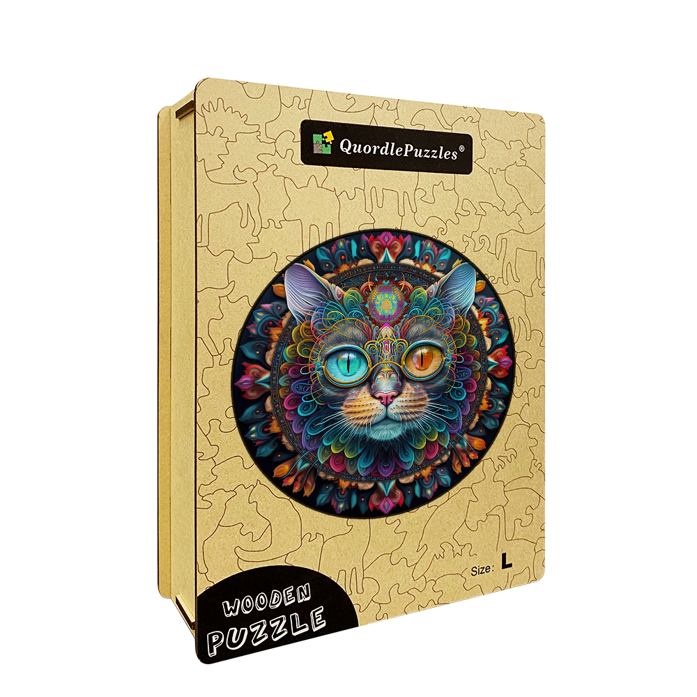 Magic cat mandala Wooden Jigsaw Puzzle