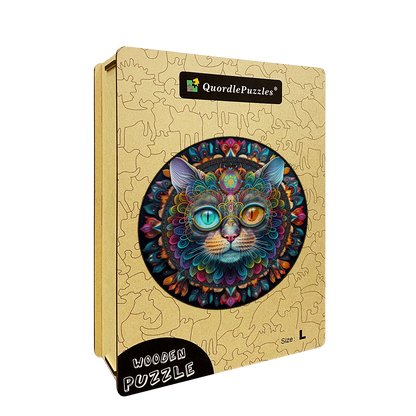 Magic cat mandala Wooden Jigsaw Puzzle