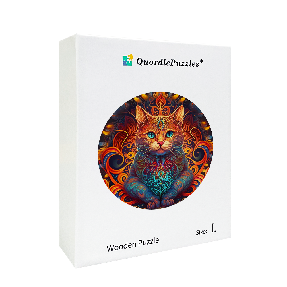 Mandala cat - lord of fire Wooden Jigsaw Puzzle