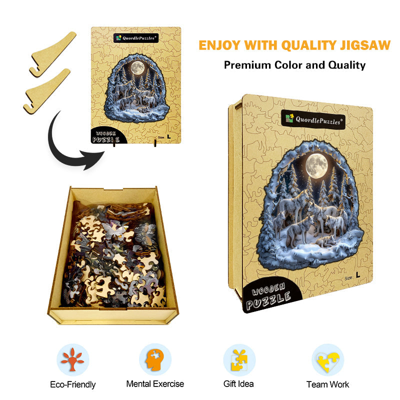 Wolf Pack in Snowy Moonlight Wooden Jigsaw Puzzle