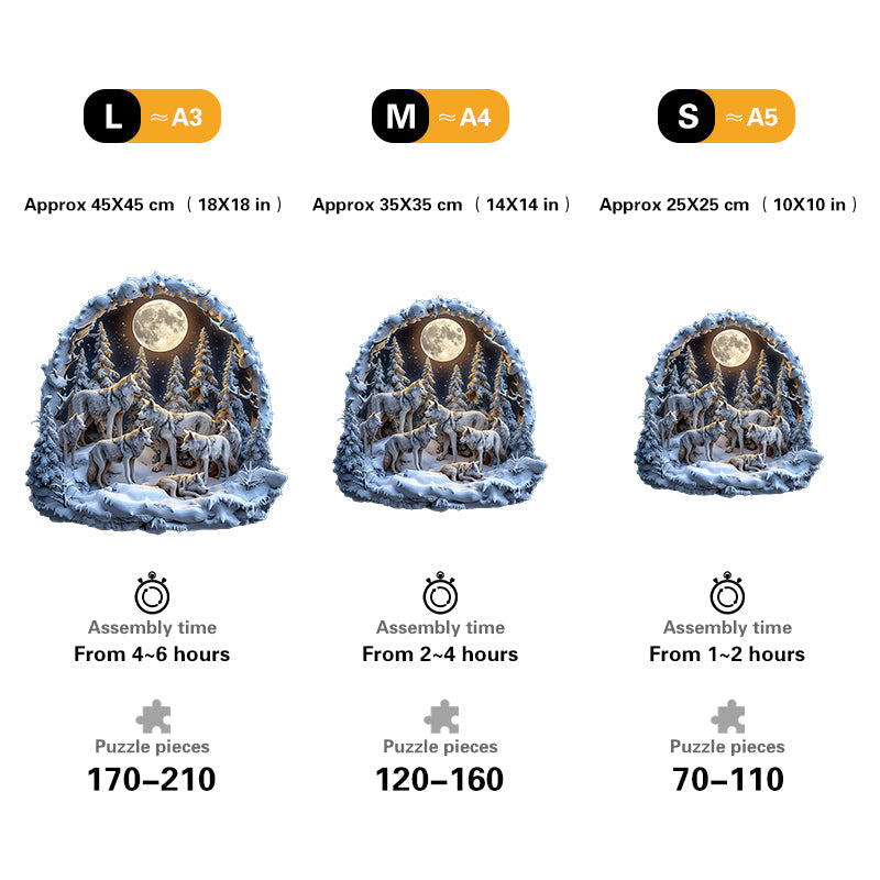 Wolf Pack in Snowy Moonlight Wooden Jigsaw Puzzle