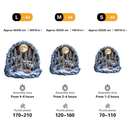 Wolf Pack in Snowy Moonlight Wooden Jigsaw Puzzle