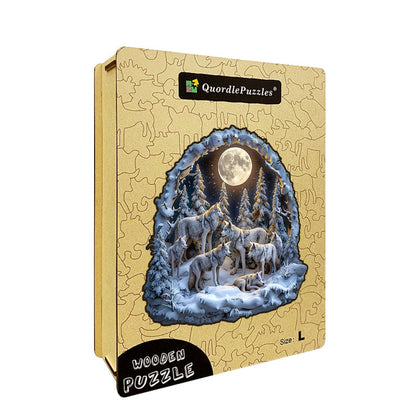 Wolf Pack in Snowy Moonlight Wooden Jigsaw Puzzle