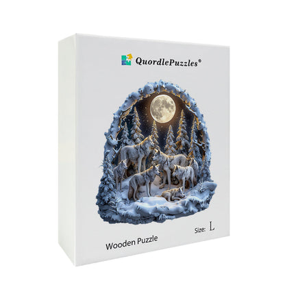 Wolf Pack in Snowy Moonlight Wooden Jigsaw Puzzle