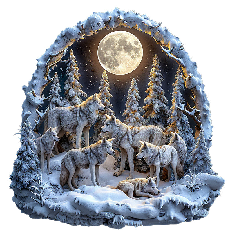 Wolf Pack in Snowy Moonlight Wooden Jigsaw Puzzle