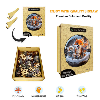 Fox Family in Snow Globe Wooden Jigsaw Puzzle