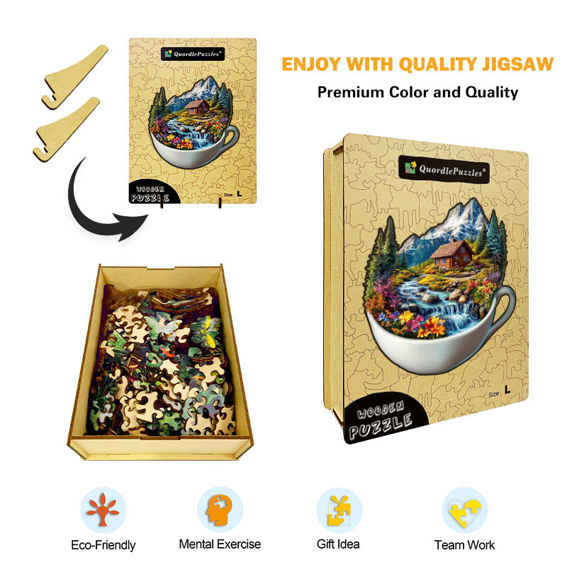 Mountain Cottage in a Cup Wooden Jigsaw Puzzle
