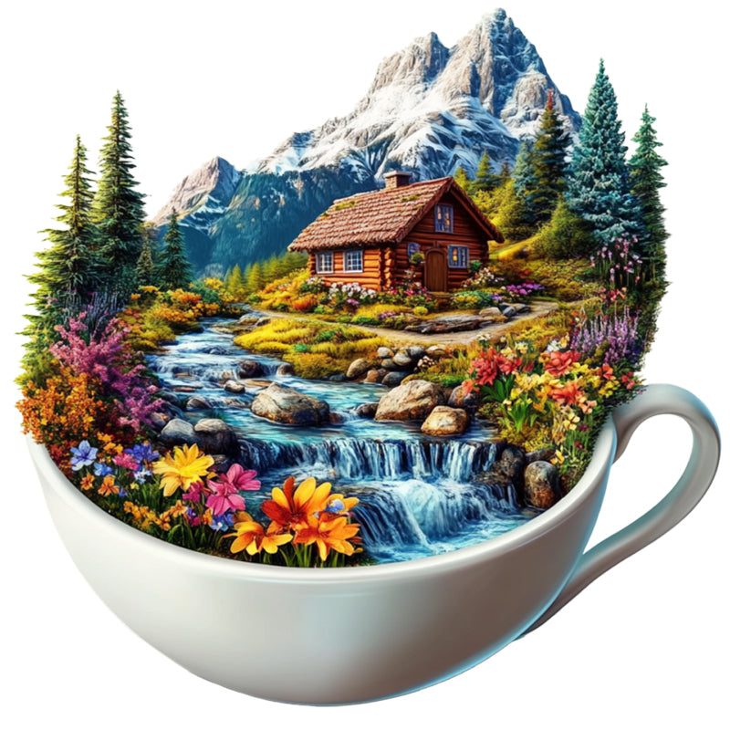 Mountain Cottage in a Cup Wooden Jigsaw Puzzle