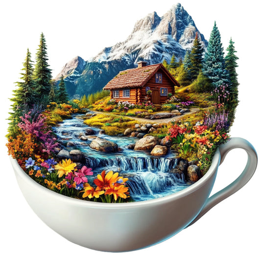 Mountain Cottage in a Cup Wooden Jigsaw Puzzle