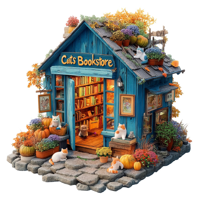 Cat Bookstore Wooden Jigsaw Puzzle