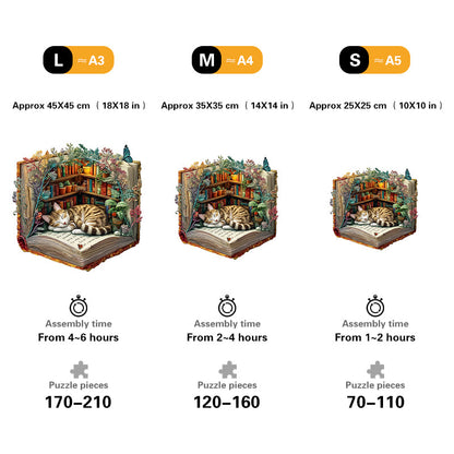 Lazy Cat with Books Wooden Jigsaw Puzzle