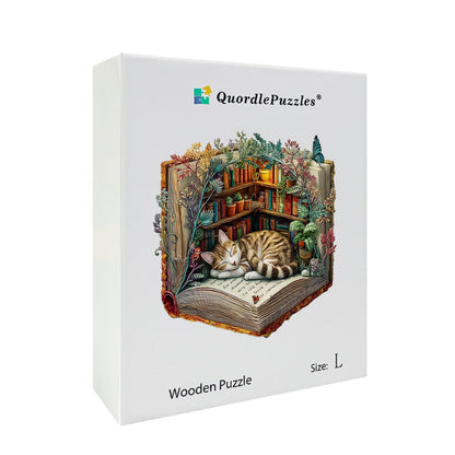 Lazy Cat with Books Wooden Jigsaw Puzzle