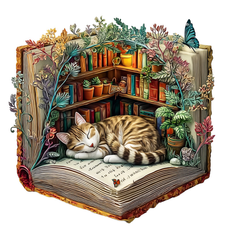 Lazy Cat with Books Wooden Jigsaw Puzzle