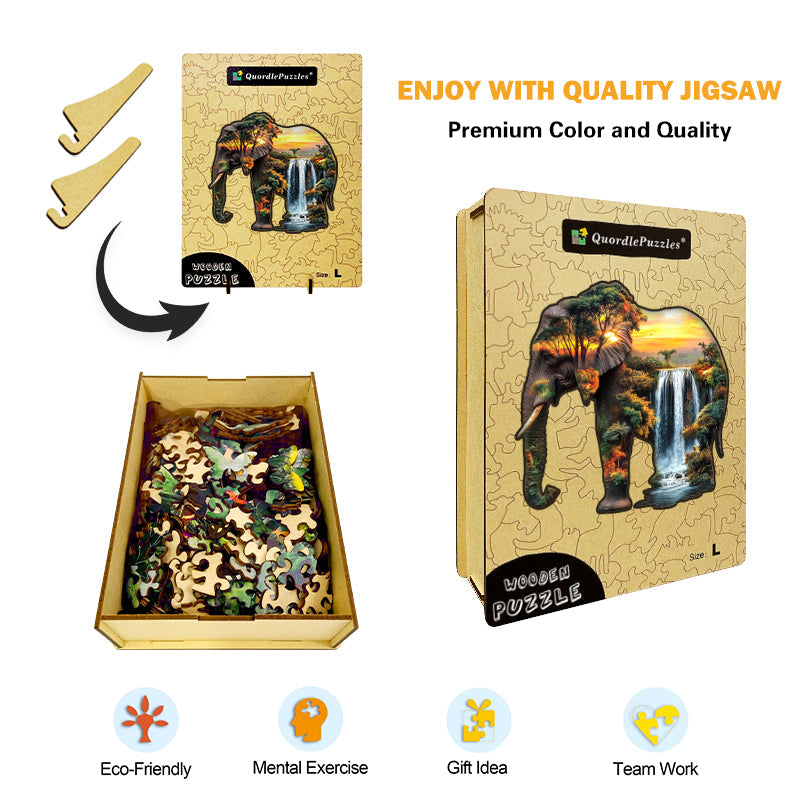 Elephant Inside Waterfall at Sunset Wooden Jigsaw Puzzle