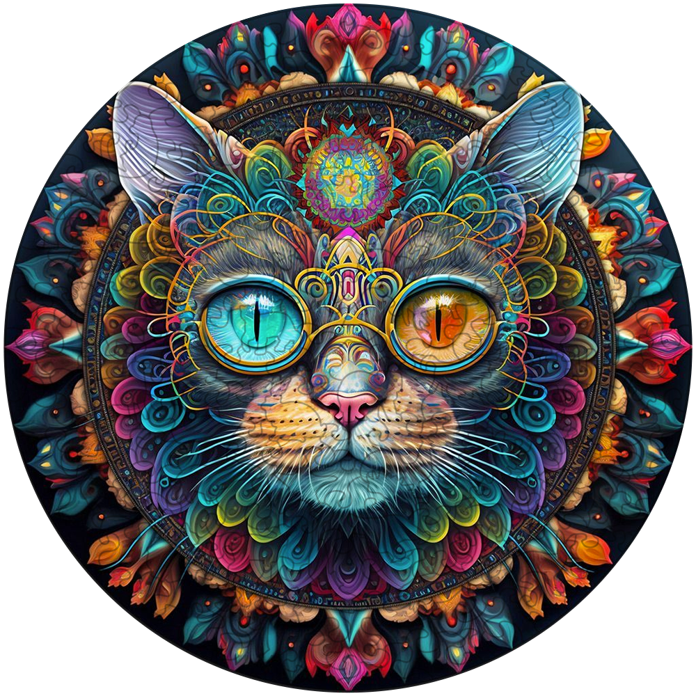 Magic cat mandala Wooden Jigsaw Puzzle