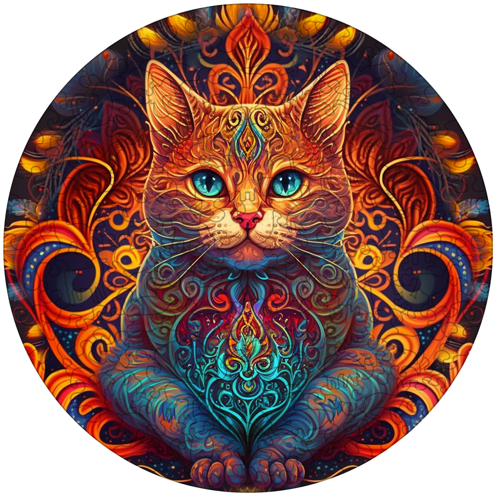 Mandala cat - lord of fire Wooden Jigsaw Puzzle
