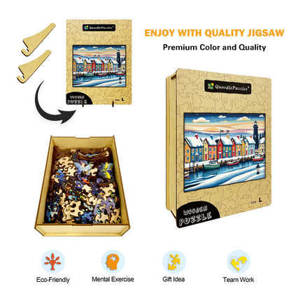 Winter Coastal Village Wooden Jigsaw Puzzle