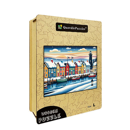 Winter Coastal Village Wooden Jigsaw Puzzle