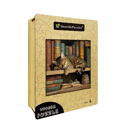 Cat on Bookshelf Wooden Jigsaw Puzzle