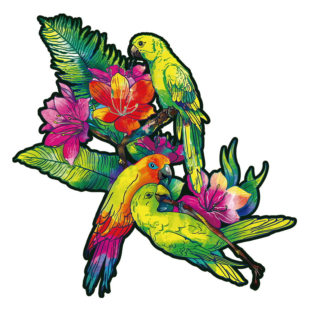 Yellow parrots and exotic flowers Wooden Jigsaw Puzzle