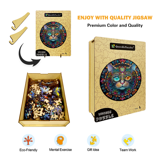 Magic cat mandala Wooden Jigsaw Puzzle